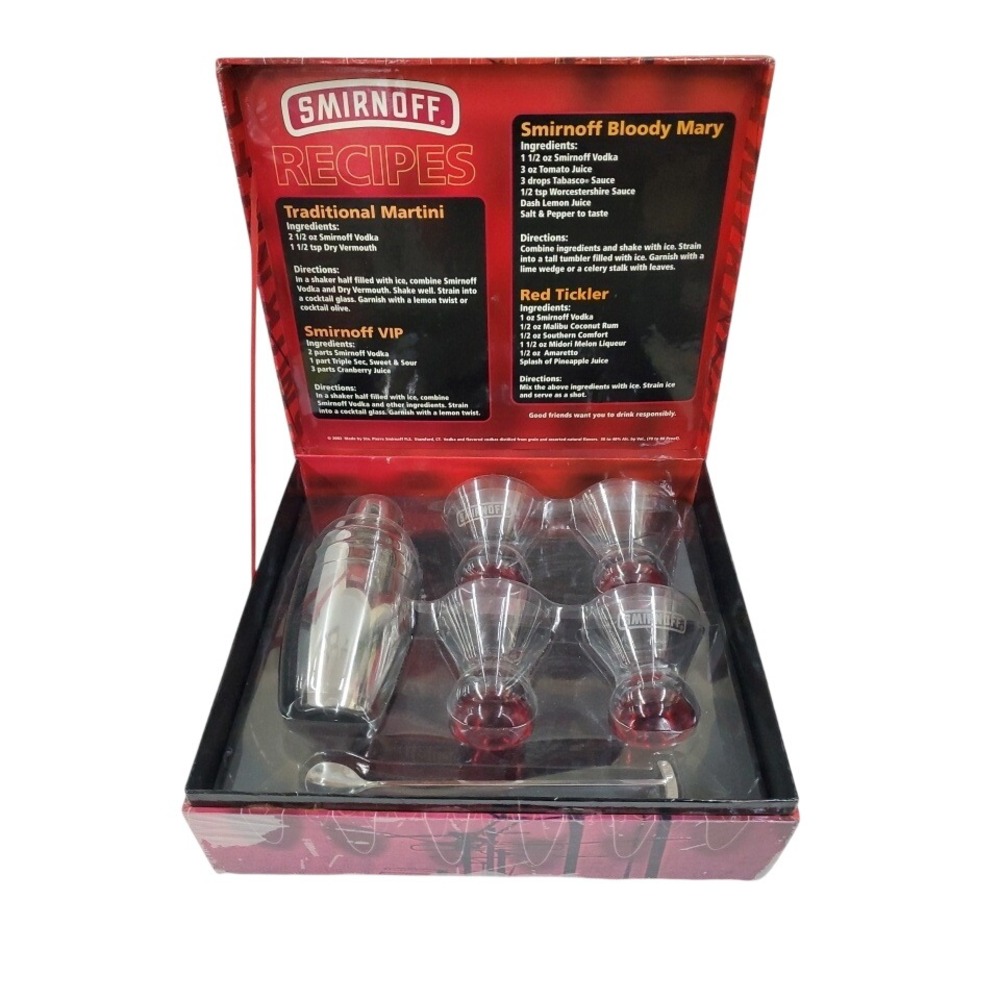 Smirnoff Recipes Cocktail Shaker Set 4 Red Bubble Base Martini Glasses & Spoon